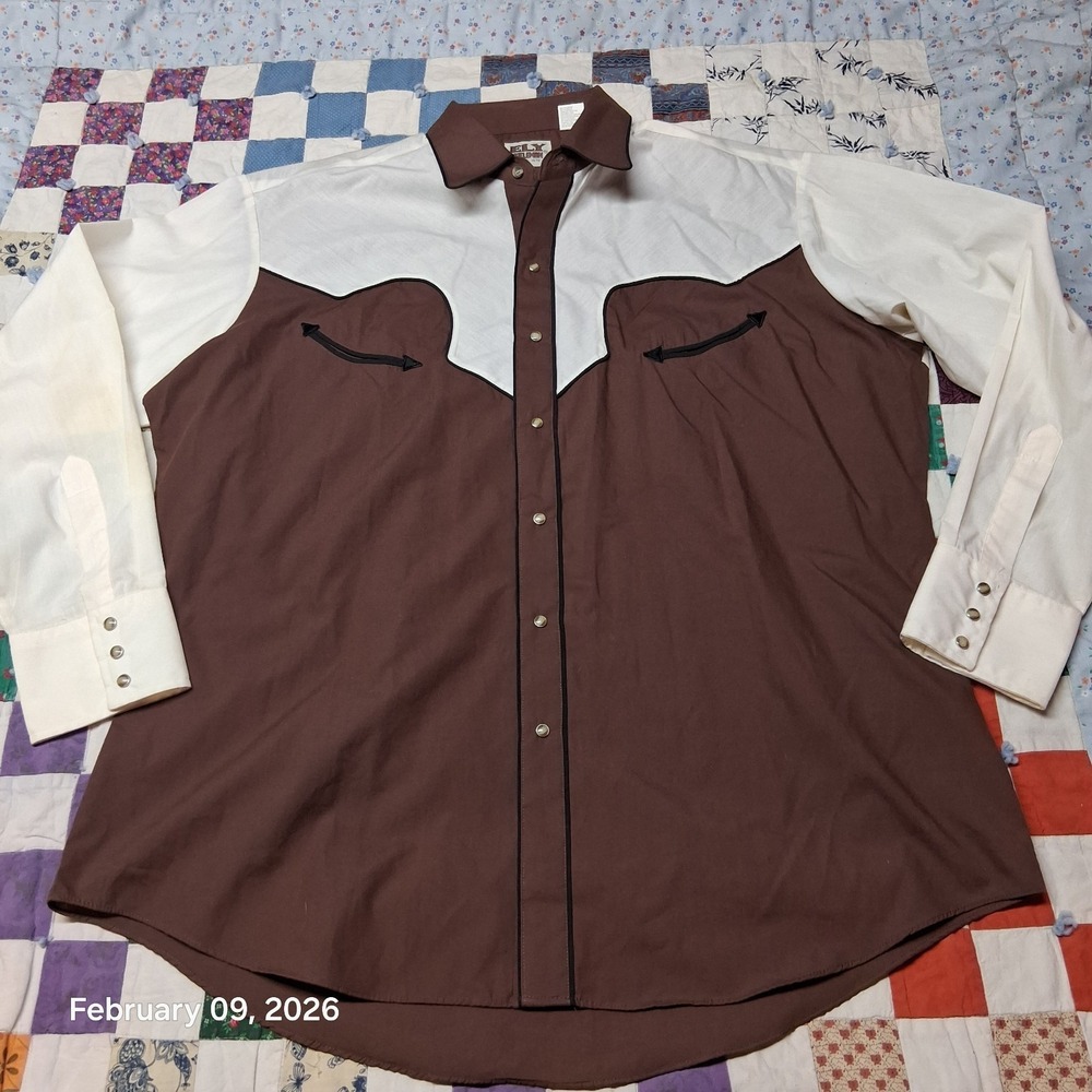 * Ely‎ Cattleman Western Snap Shirt With Smile Pockets Size XL Brown & White